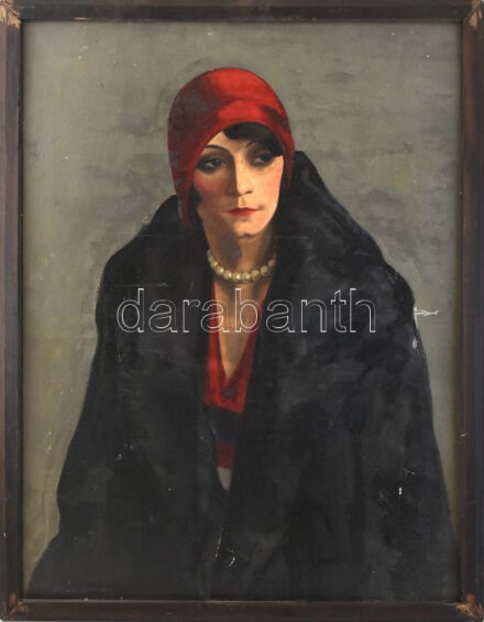 Diósy Antal (1895-1977): Bleier Lili (1899-1939) zongorista, sanzonénekes portréja. Olaj, karton, papír, jelzett. keretben, 75x58 cm Kis sérüléssel. Hátoldalán egy másik mű vázlatával / oil on board, signed, with small damage, framed