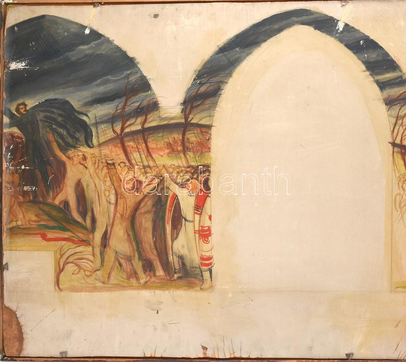 Diósy Antal (1895-1977): Bleier Lili (1899-1939) zongorista, sanzonénekes portréja. Olaj, karton, papír, jelzett. keretben, 75x58 cm Kis sérüléssel. Hátoldalán egy másik mű vázlatával / oil on board, signed, with small damage, framed - Image 4
