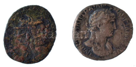 Római Birodalom / Róma / Hadrianus 117-138 Denár Ag (2,56g) + III-IV. századi bronz érme (1,68g) T:2-,3 patina Roman Empire / Rome / Hadrian 117-138 Denarius Ag 'IMP [...] TRAIAN HADRIANVS AVG / P M TR P [...]' (2,56g) + bronze coin from the
