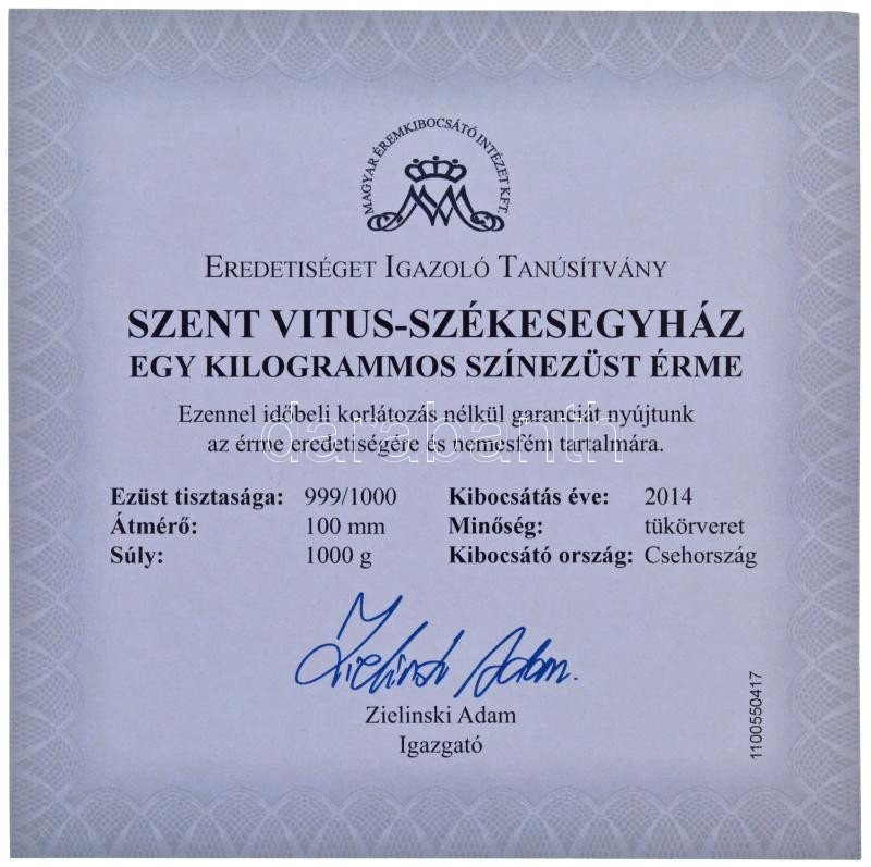 Csehország 2014. 'Szent Vitus-székesegyház' Ag emlékérem eredeti dísztokban, tanúsítvánnyal (1000g/0.999/100mm) T:PP Czech Republic 2014. 'St. Vitus Cathedral' Ag commemorative medallion in original case, with certificate - Image 3