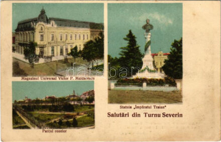 Turnu Severin, Szörényvár; Magazinul Universal Victor P. Maldarescu, Statuia 'Imparatul Traian', Parcul rozelor / publisher's shop, statue, monument, park (EK)