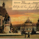 1905 Kolozsvár, Cluj; Mátyás király tér a szoborral, Státus paloták, üzletek / square, statue, monument, palaces, shops (kis szakadás / small tear)