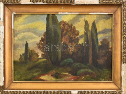 Retek jelzéssel: Tájkép 1930-40 körül. Olaj, vászon, erősen sérült keretben. 29x44cm