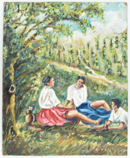 Kondákor László jelzéssel: Reggeli a szabadban. Olaj, préselt lemez, kissé megvetemedett állapot, 50x39 cm