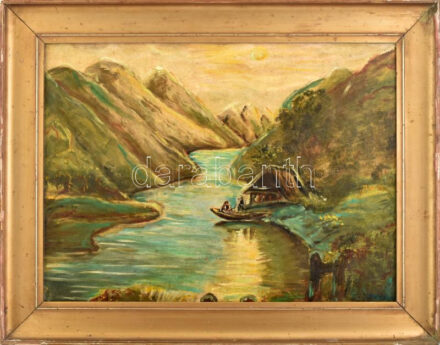 Pintér A. Jelzéssel: Folyópart. Olaj, farost, sérült keretben, 45x59 cm