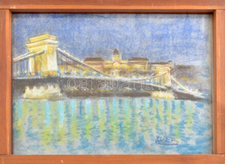 Gáldi B. ? jelzéssel: Széchenyi Lánchíd. Pasztell, papír, sérült üvegezett keretben. 29,5x46 cm