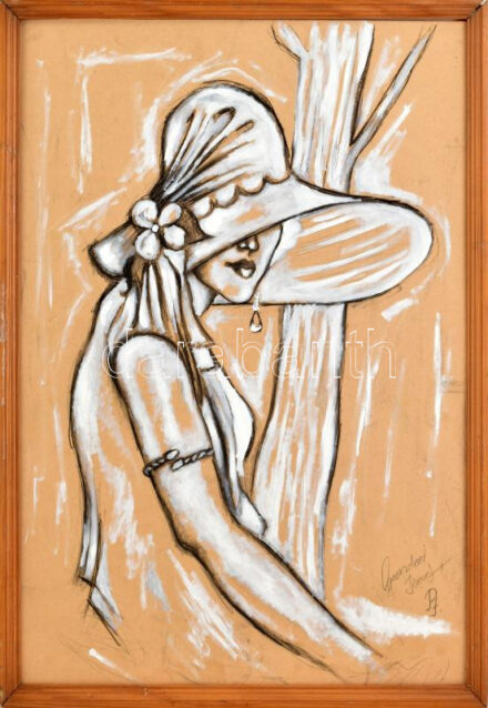 Szendrei József (1989-, 'Pesti Józsi'): Hölgy kalapban. Vegyes technika, karton. Jelzett. 69,5x50 cm