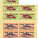 1975. 'Vásárlási engedély - 200kg Benzin' (5x) bélyeg ívdarabon + 'Vásárlási engedély - 200kg Gázolaj (vagy Tűzelőolaj)' (4x) bélyeg ívdarabon T:I-,II