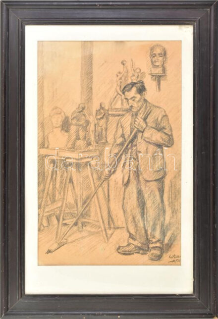 Kozma György (1954-): Kisfaludi Strobl Zsigmond műtermében. Szén, papír. Üvegezett keretben, jelzett, 50x31 cm