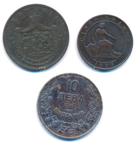 3db klf külföldi fém érme, közte Románia 1867. 10b Cu 'Watt & Co.' + Spanyolország 1870. 5c bronz + Bulgária 1941. 10L Fe T:2-,3 patina, ph 3pcs of mixed foreign metal coin, in it Romania 1867. 10 Bani Cu 'Watt & Co.' + Spain 1870.