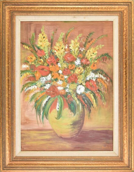 Bartis Ilona (-): Virágcsendélet. Olaj, vászon, dekoratív keretben.