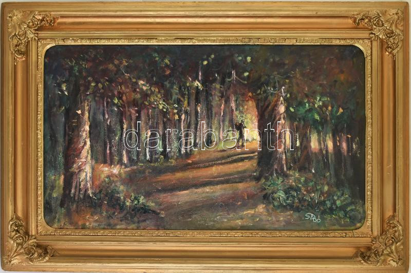 Szabó jelzéssel: Erdei vándor. Olaj, vászon. Dekoratív fakeretben. 53x90 cm