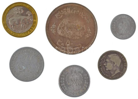 6db-os vegyes külföldi érmetétel, közte Spanyolország 1882. 1p Ag 'XII. Alfonz' T:1--3 patina, ph 6pcs of mixed foreign coin lot, in it Spain 1882. 1 Peseta Ag 'Alfonso XII' C:AU-F patina, edge error