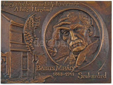 Bartos Endre (1930-2006) DN '-hogy révébe meneküljek, vár még A ház. Hazám! - Babits MIhály 1883-1941 Szekszárd' egyoldalas bronz plakett, hátoldalán két rögzítőponttal (180x136mm) T:1-,2 patina