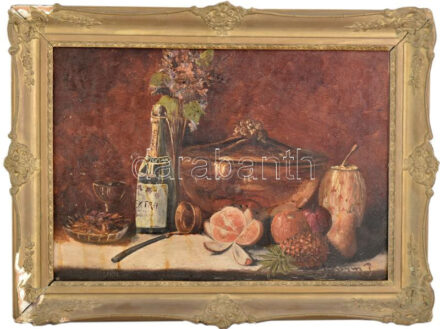 Olvashatatlan jelzéssel: Extra pezsgős csendélet. Olaj, vászon, sérült keretben 34x49 cm