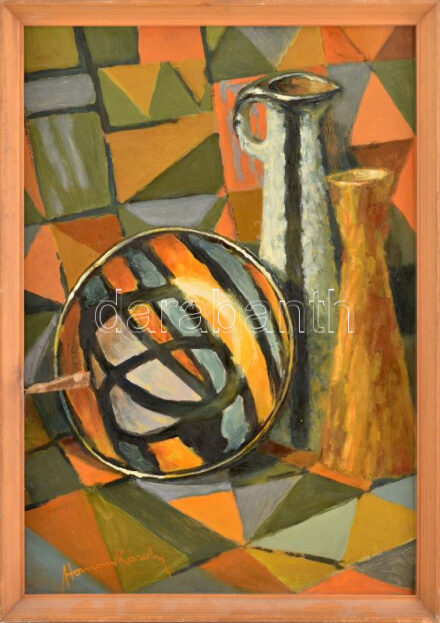 Homan Károly (1894 - 1972): Absztrakt retró kerámia csendélet. Olaj, karton, jelzett, sérült!!. 49x35 cm