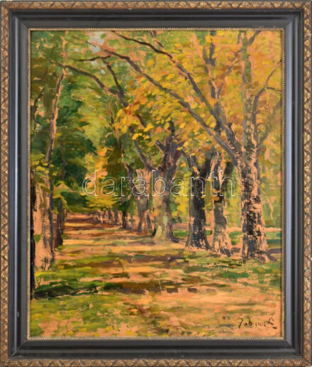 Olvashatatlan jelzéssel: Erdei út. Olaj, karton, keretben, 58x48 cm