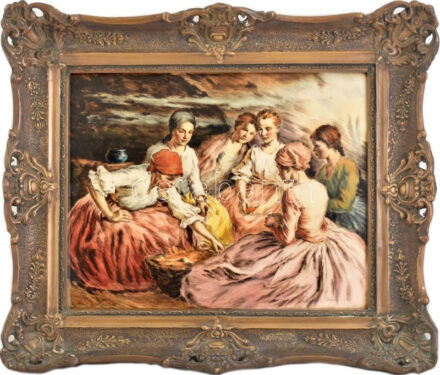 Révész Imre (1859-1945): Kukoricahántás. Színezett rézkarc, papír, jelzett. Dekoratív, üvegezett, fakeretben, 38×48 cm