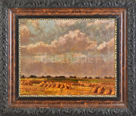 Olvashatatlan jelzéssel: Aratás után. Olaj, rétegelt fa, kissé sérült keretben. 39x48 cm