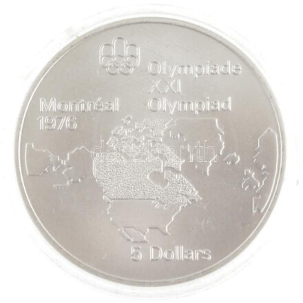 Kanada 1973. 5$ Ag 'Montreali olimpia - Észak-Amerika térkép' eredeti díszdobozban T:1- Canada 1973. 5 Dollars Ag 'Montreal Olympic Games - North American map' in original case C:AU Krause KM#85