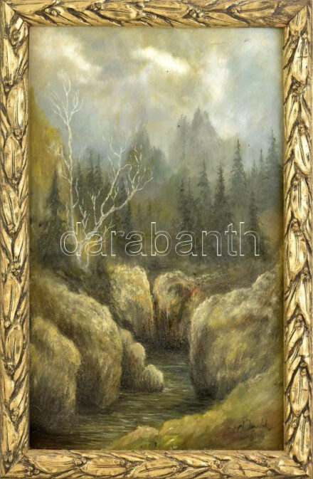 Benedek Attila (:): Erdő. Olaj, farost, dekoratív keretben. Jelzett, 49x30 cm