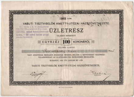 Budapest 1922. 'Vasúti Tisztviselők Kmetty-utczai Házszövetkezete' névre szóló üzletrész 100K-ról (6x) sorszámkövetők '913-918', felülbélyegzésekkel T:II-III / Hungary / Budapest 1922. 'Vasúti Tisztviselők Kmetty-utczai