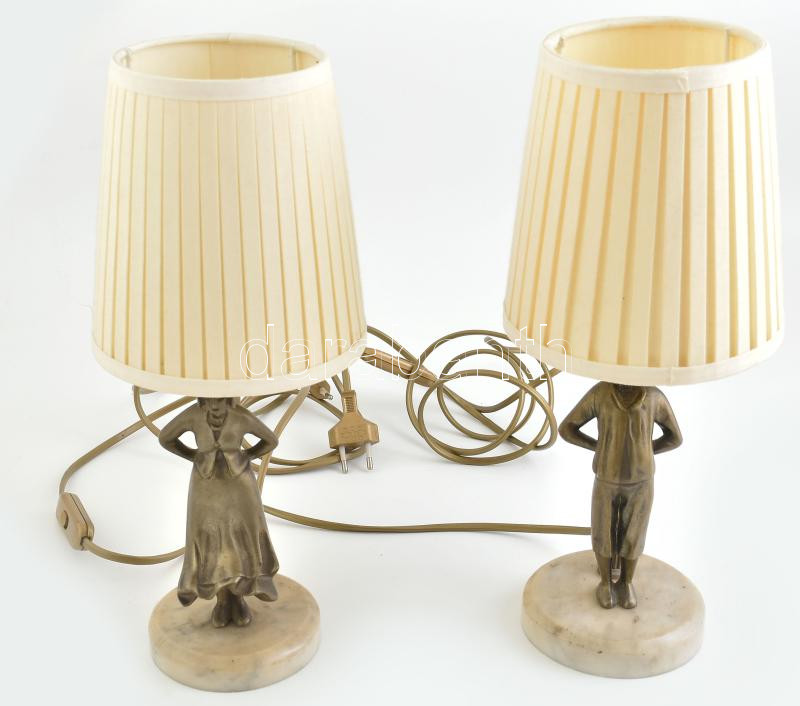 Figurális asztali lámpa pár, kopásokkal,működik, bronz, márvány, szerelék, lámpaernyő m: 34 cm