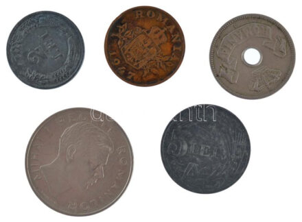 Románia 1906. 10b Cu-Ni 'I. Károly' + 1941. 2L Zn 'I. Mihály' + 1942. 5L Zn 'I. Mihály' + 1943. 100L Ni 'I. Mihály' + 1947. 2L Bronz 'I. Mihály' T:1--2- patina Romania 1906. 10 Bani Cu-Ni 'Carol I' + 1941. 2 Lei Zn 'Mihai I' + 1942. 5 Lei Zn