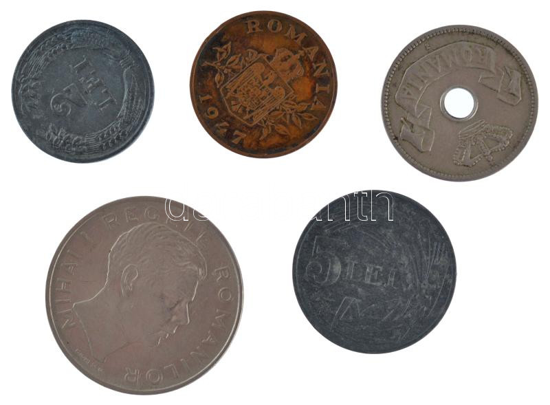 Románia 1906. 10b Cu-Ni 'I. Károly' + 1941. 2L Zn 'I. Mihály' + 1942. 5L Zn 'I. Mihály' + 1943. 100L Ni 'I. Mihály' + 1947. 2L Bronz 'I. Mihály' T:1--2- patina Romania 1906. 10 Bani Cu-Ni 'Carol I' + 1941. 2 Lei Zn 'Mihai I' + 1942. 5 Lei Zn