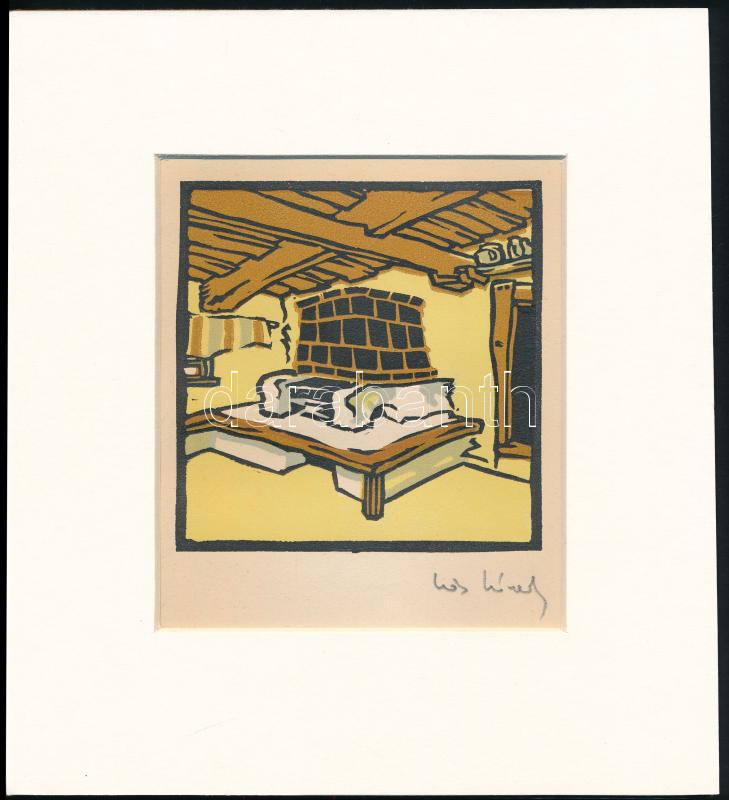 Kós Károly (1883-1977): Kemence. Linómetszet, papír, paszpartuban, utólagos jelzéssel, 10×10 cm