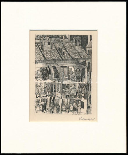 Kondor Béla (1931-1972): Életek, emeletek. Rézkarc, papír, utólagos jelzéssel, paszpartuban, 11,5×8 cm