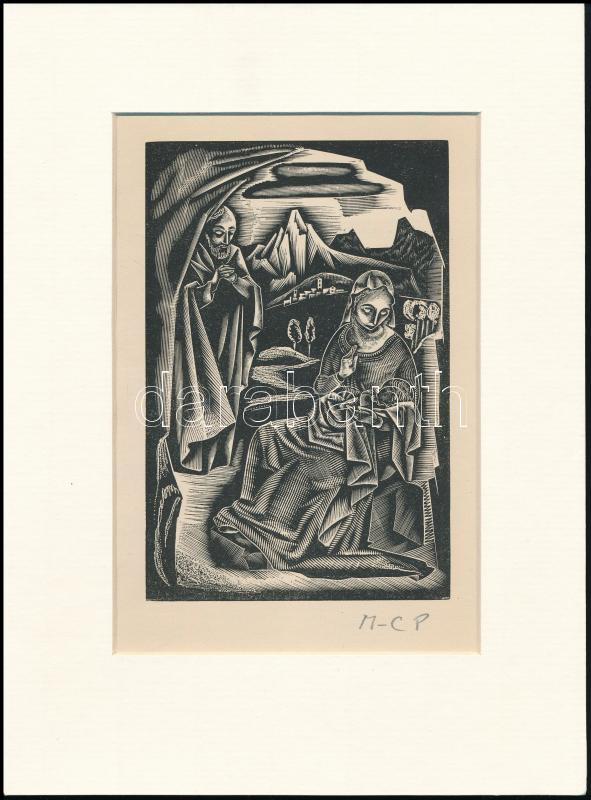 Molnár C. Pál (1894-1981): Anya gyermekével, fametszet, papír, paszpartuban, 17×11 cm