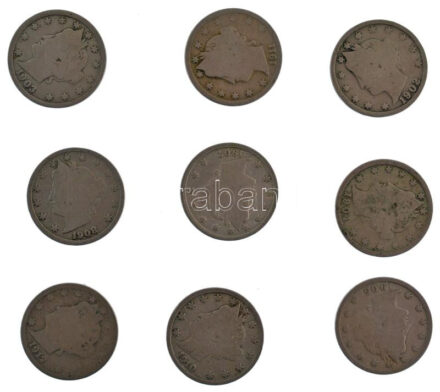 Amerikai Egyesült Államok 1902-1912. 5c Cu-Ni 'Liberty Nickel' (9xklf) T:2-,3 USA 1902-1912. 5 Cents Cu-Ni 'Liberty Nickel' (9xdiff) C:VF,F Krause KM#112