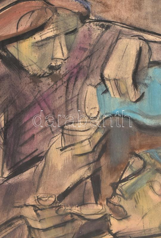 Hetényi Tibor (1891-1977): Ebédelők. Akvarell, tus,, papír, jelzés nélkül, kissé sérült, paszpartuban, hátoldalán feliratozott, 57x37,5 cm - Image 2