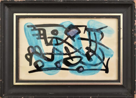 Farkasházy Miklós (1895-1964): Kompozíció. Vegyes technika, papír, jelzés nélkül. Hátoldalán Pápai Antal műgyűjtő címkéjével és szignójával, üvegezett keretben, 15×23 cm