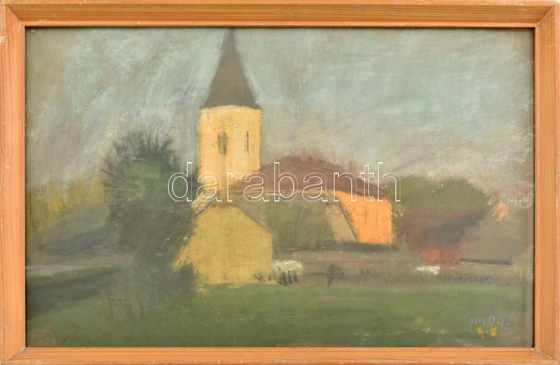 Imreh Zsigmond (1900-1965): Diósgyőri templom. Pasztell, papír, jelzett, hátoldalán Miskolci Galéria címkéjével, üvegezett fakeretben, 30×42 cm