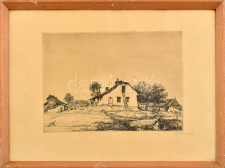 Boldizsár István (1897-1984): Tanya. Rézkarc, papír, jelzett. Apró foltokkal. Üvegezett fakeretben. 19x27 cm