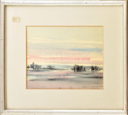Olvashatatlan jelzéssel: Színes táj. Akvarell, papír. Üvegezett fakeretben. 23x29 cm
