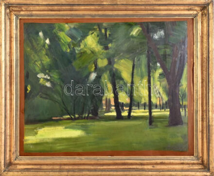 Imreh Zsigmond (1900-1965): Népkert, Miskolc. Olaj, karton, jelzett. Dekoratív fakeretben, 45×56 cm