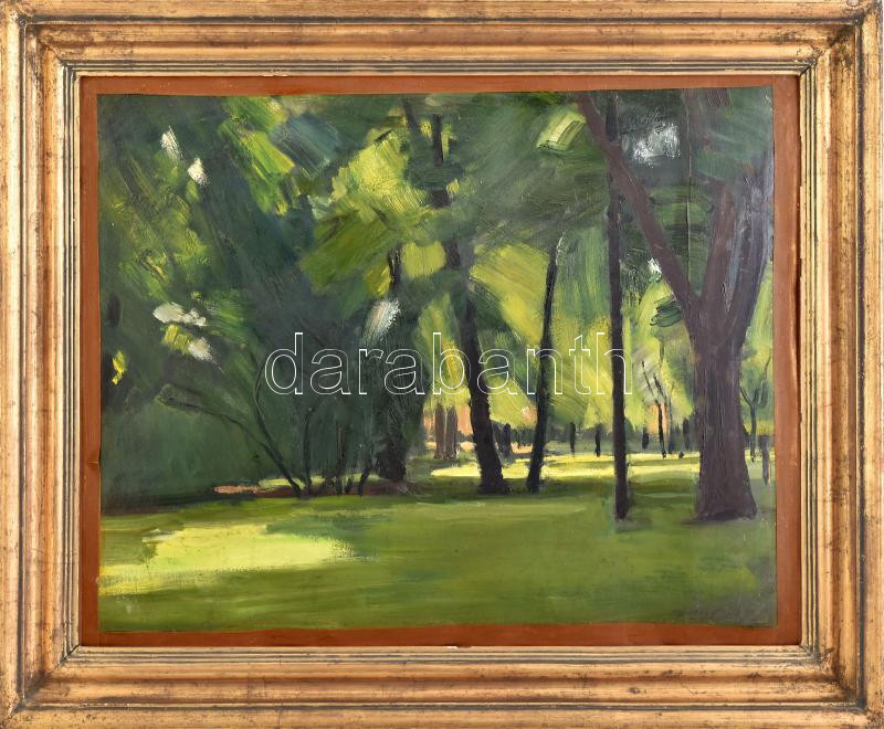 Imreh Zsigmond (1900-1965): Népkert, Miskolc. Olaj, karton, jelzett. Dekoratív fakeretben, 45×56 cm