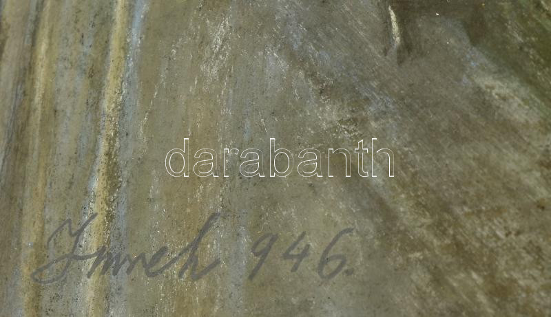 Imreh Zsigmond (1900-1965): Csendélet üvegekkel és gyümölcsökkel. Pasztell, papír, jelzett. Üvegezett, sérült fakeretben, 50×70 cm - Image 2