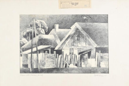 Tardi Kovács Sándor (1938-2013): Zápor előtt, 1967. Tus, papír, jelzett, Képcsarnok Vállalat címkéjével. Paszpartuban. 27x40 cm