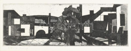 Tóth Imre (1929-2004): Konstruktív utca (olvashatatlan címmel). Rézkarc, papír. Jelzett. Paszpartuban. 9x27 cm