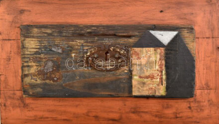 Szikora Tamás (1943-2012): Doboz kulcslyukkal. Olaj, kollázs, applikáció, fa, jelzés nélkül. 24x42 cm