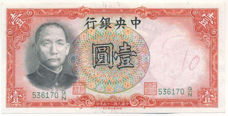 Kína / Central Bank of China 1936. 1Y '536170 Q/N' T:I- firka China / Central Bank of China 1936. 1 Yuan '536170 Q/N' C:AU doodle Krause P#212