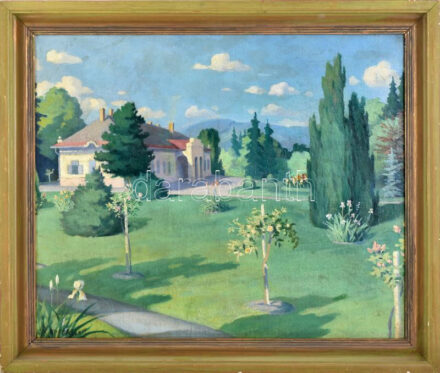 Rupprecht (?) jelzéssel, XX. sz. első fele: Virágzó kert. Olaj, vászon. Javított. Dekoratív, kissé sérült fakeretben. 59,5x71,5 cm