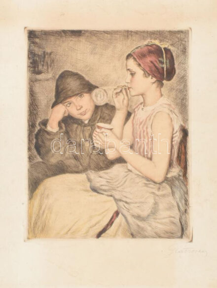 Glatz Oszkár(1872-1958)-Prihoda István(1891-1956): Buborékfújók. Színezett rézkarc, papír, jelzett: Glatz Oszkár. Lap széle kissé sérült és foltos. 34×27,5 cm