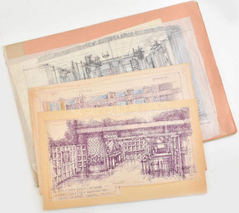 cca 1970-1980 Székely László (1932-) díszlettervező tervei, rajzai, grafikái össz. 8 db, többek közt a Hotel Duna Intercontinental Budapest randevúbár-pub 2 db egyedi rajzú beépítési terve. Klf. technikák, papír, többségében