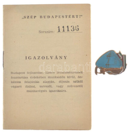 1962. 'Szép Budapestért' bronz fokozatú rátétes, műgyantás jelvény igazolvánnyal (27x22mm) T:2 patina