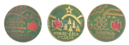 ~1980. 'Balaton- Felvidék' festett bronz úttörő túrajelvény (25mm) + 'Börzsöny' műgyantás bronz úttörő jelvény (25mm)+ 'KIMSZ-esek útjain (Kommunista Ifjúmunkások Magyarországi Szövetsége)' festett bronz úttörő túrajelvény